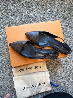 Louis Vuitton Monogram Pointed Slingback Flats in Brown and Black 38.5